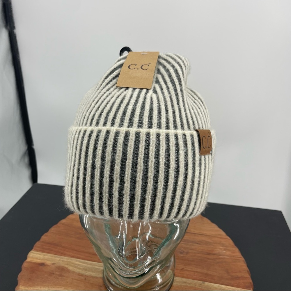 C.C Contrast Stripes Beanie‎ Stretchable Soft Warm Cuff Knit Winter Skully Hat